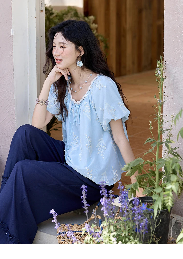 MISHOW Blue Pure Cotton Embroidered Blouses 2025 Summer Wave Edged O-neck Tops Contrasting Lace Up Loose Doll Blouses MXE35X1791