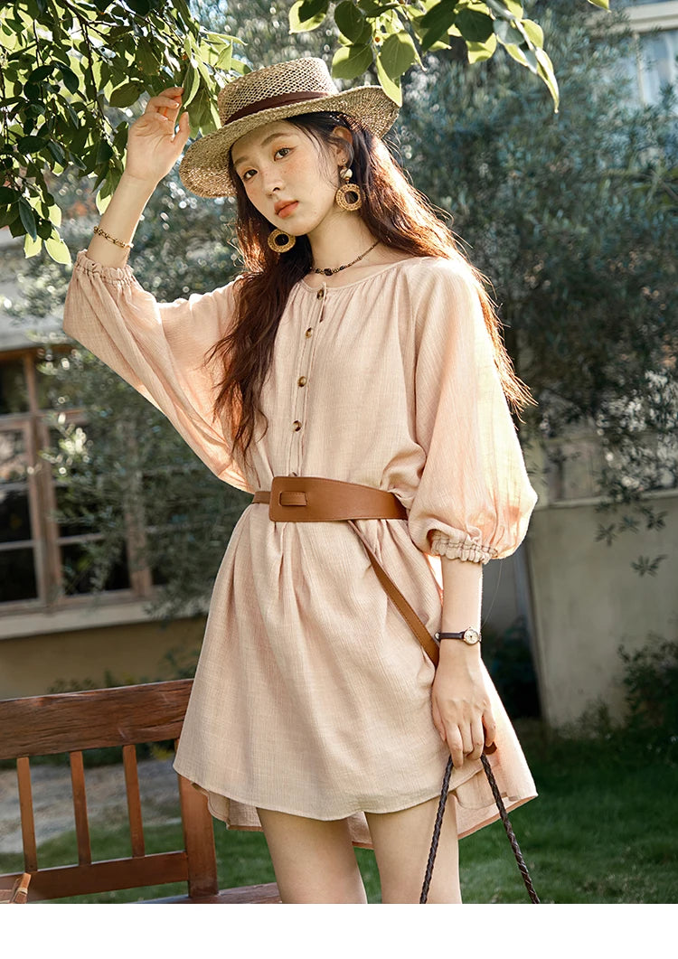 MISHOW French Retro Midi Length Sleeves Dress Summer O-neck Single Breasted Dresses Casual Tea Break Dress with Belt MXE39L2409