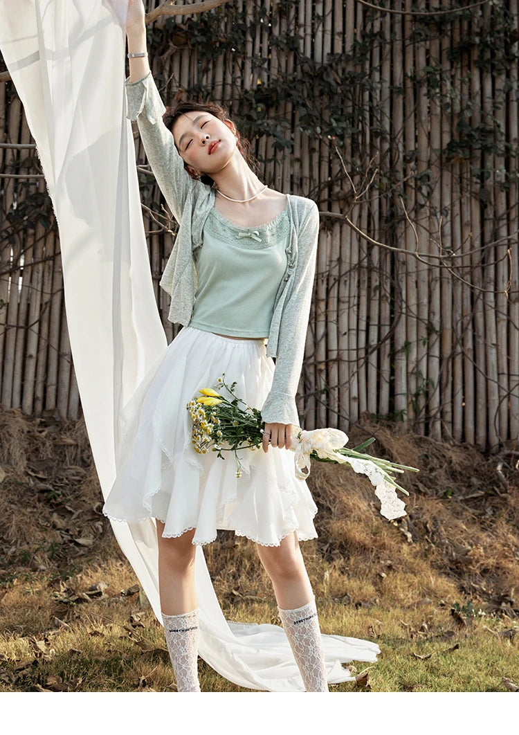 MISHOW Light Green Camisole Knit Cardigan Two-piece Set Spring Summer 2025 Lace Bow Camisole V-neck Cardigan Sets MXE15T0504