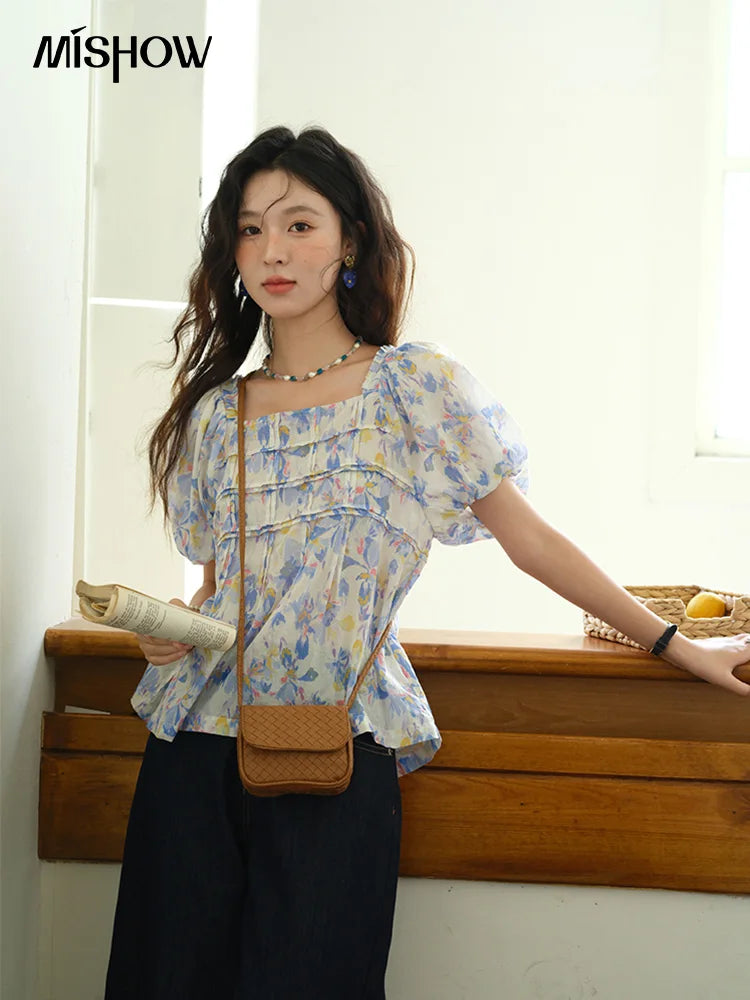 MISHOW Fashion Square Neck Puff Sleeve Blouse for Women 2025 Summer New French Sweet Loose Print Top Ladies Clothing MXE39X1937