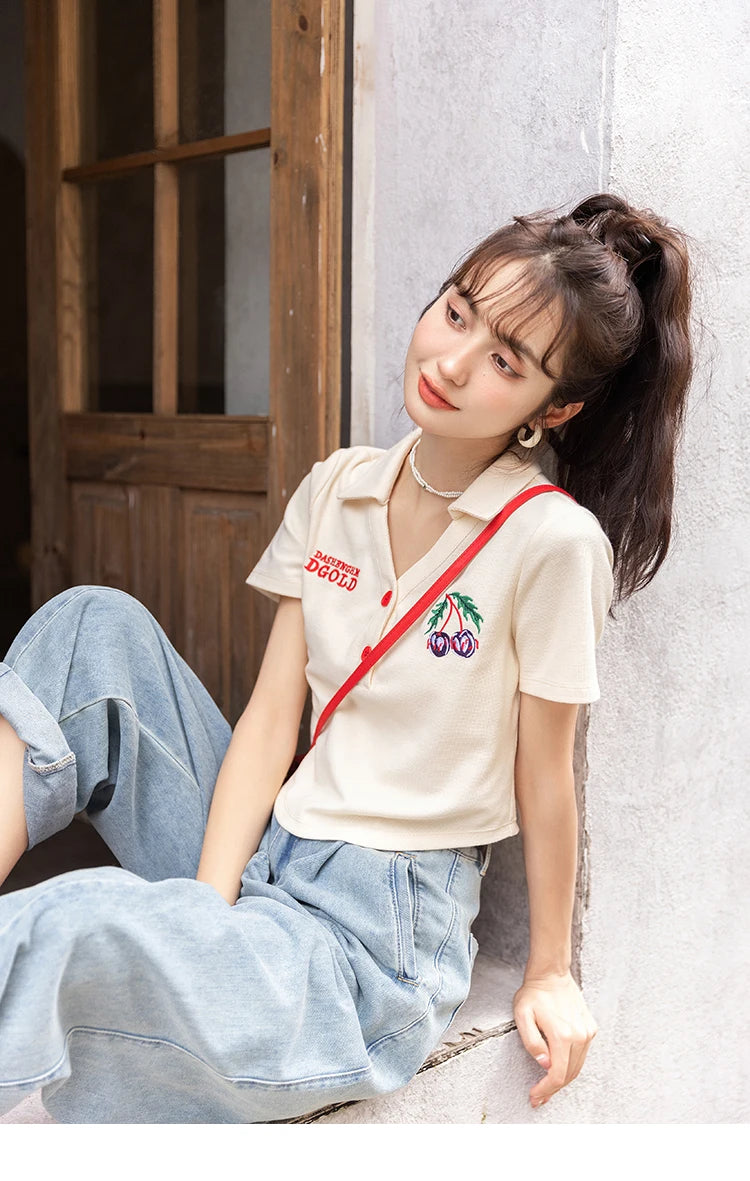 MISHOW Summer T-shirts for Women Korean Fashion Polo Collar Embroidery Letter Short Tops Harajuku Casual Solid Tees MXB32T0477