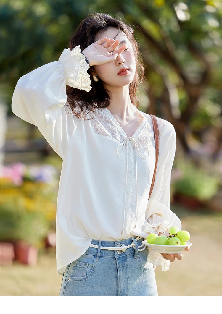 MISHOW Lace Patchwork Shirt for Women Spring 2025 V-neck with Fungus Edge Lace-up Chiffon Top Petal Sleeve Shirts MXE13X1713