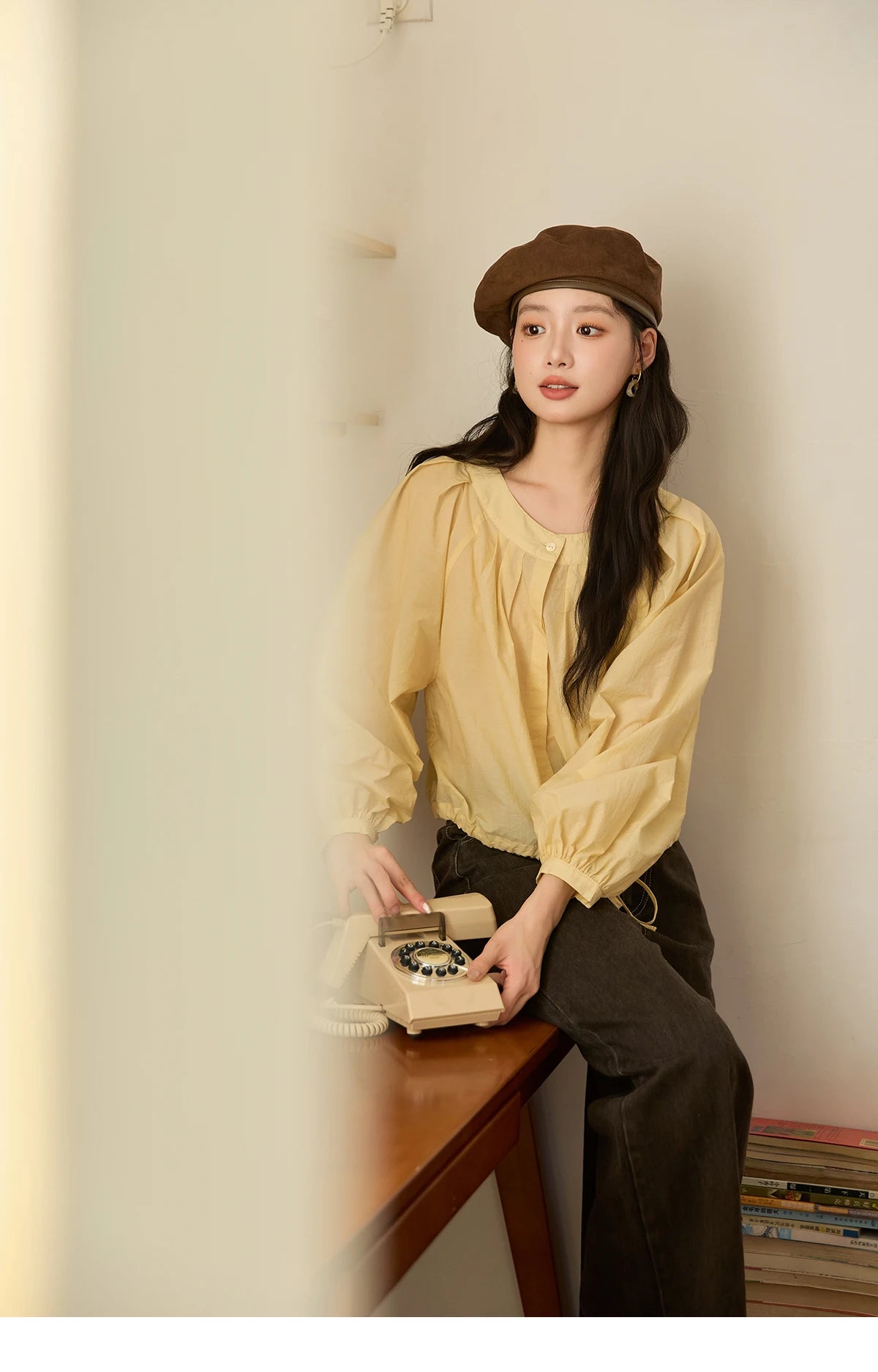 MISHOW Light Yellow Pleated Shirt 2025 Autumn Drawstring Hem Lantern Sleeve Top O-neck Cotton Blend Casual Shirts MXE45X2490