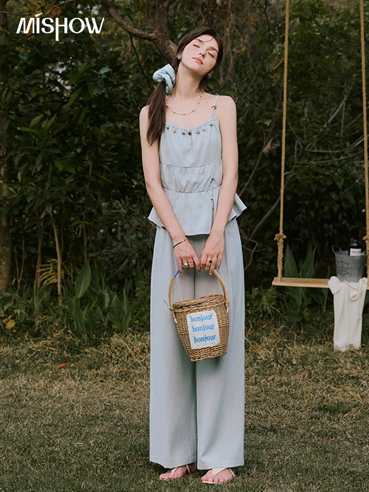 MISHWO Office Lady Summer Camisole Pant Sets for Women 2025 Solid Sleeveless Tops High Waist Loose Pants Female New MXE33T0547