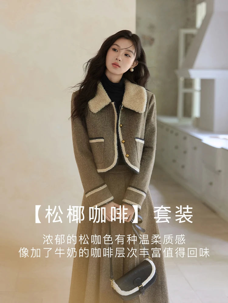 MISHOW Vintage Midi Skirts Coat Seprately Women 2024 Winter Turn Down Collar Plaid Tweed Jacket A-Line Pleated Skirt MXD56W0569