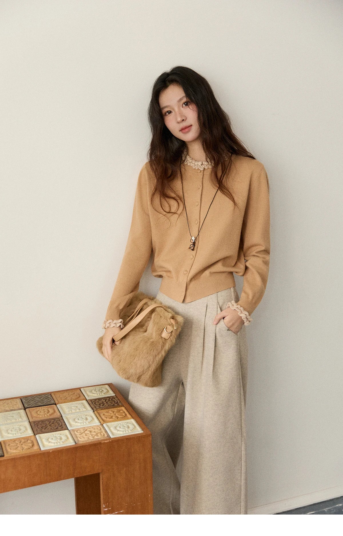 MISHOW Women Knit Cardigan Long Sleeve 2025 Winter Retro Ruffle O-neck Knitted Sweater Loose Casual Commute Khaki Top MXE91Z2749