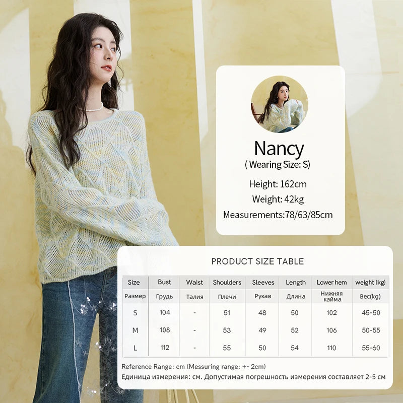 MISHOW Women's Hollow Knitted Sweater 2025 Spring Loose Thin Dropped Shoulder Top Wool O Neck Hem Wavy Edge Sweaters MXE14Z1208