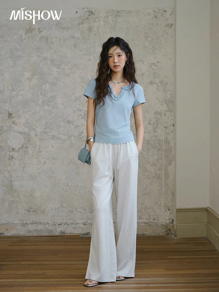 MISHOW Light Grey High Waist Pants Women 2025 Summer Casual Straight Elastic Waist Wide Leg Pants Women's Clothing MXE31K0901