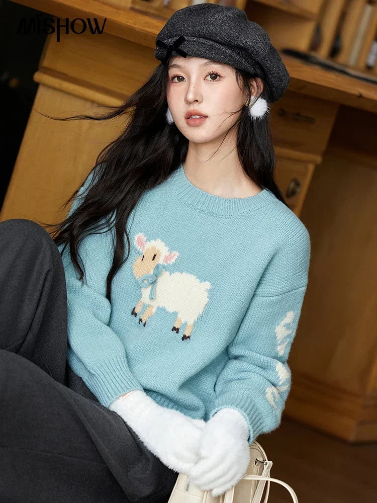 MISHOW Soft Lamb O-Neck Pullovers Color Clash Spliced Knitted Sweater 2024 Winter Women Clothes Thickened Warm Tops MXD59Z1140