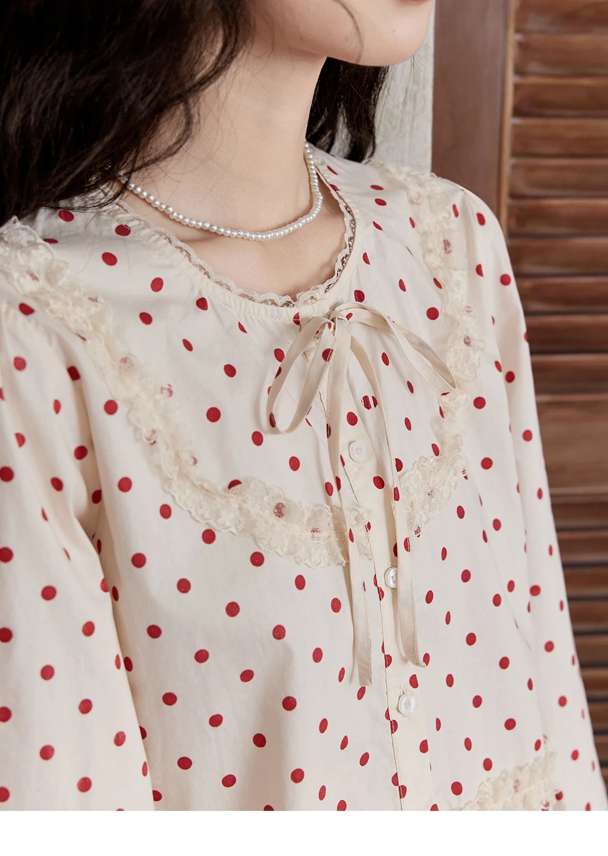 MISHOW Lace Up Polka Dot Round Neck Lace Shirt for Women Autumn 2024 Thin Sweets Shirt Elastic Petal Cuffs Chic Top MXD44X1667