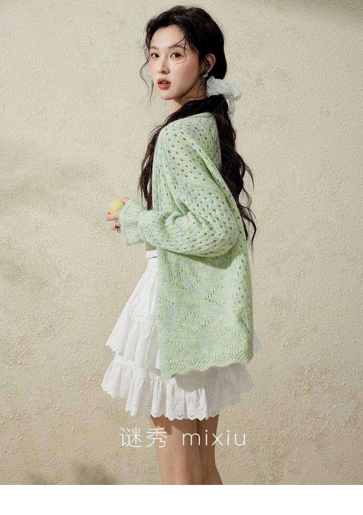 MISHOW Green Knitted Cardigan for Women Spring 2025 Loose Hollow Out Wave Neck Commuting Slim Open Stitch Cardigan MXE12Z1212