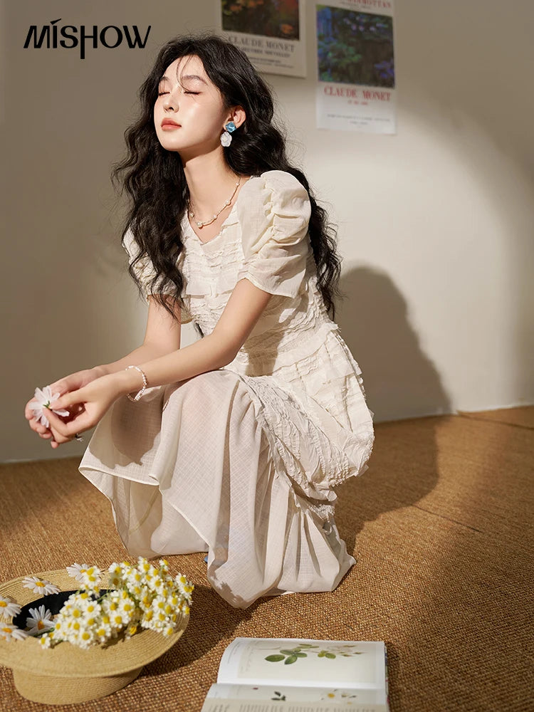 MISHOW Women's French Lace Dress 2024 New Summer New Chiffon Midi Temperament Short Sleeve Woman Dresses Clothing MXD21L1756