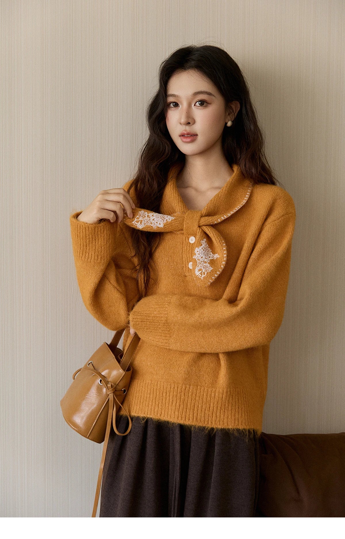 MISHOW Women's Yellow Knitted Sweater 2025 Autumn Winter Bow Collar Splicing Lace Tops Loose Warm Pullover Sweaters MXE94Z2971