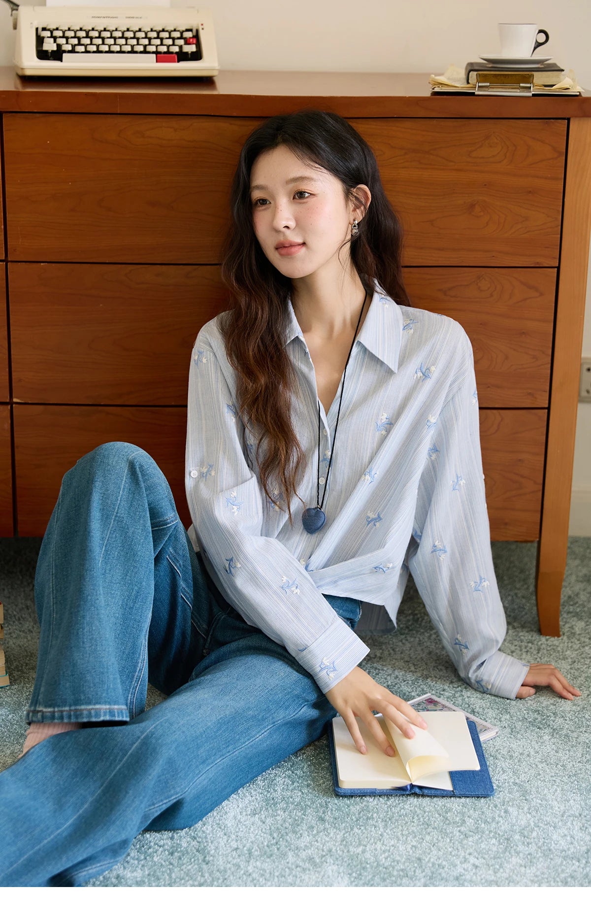 MISHOW  Long Sleeve Shirts for Woman 2025 Autumn Retro Blue Single-breasted Blouse Floral Embroidery Casual Tops MXE45X2495