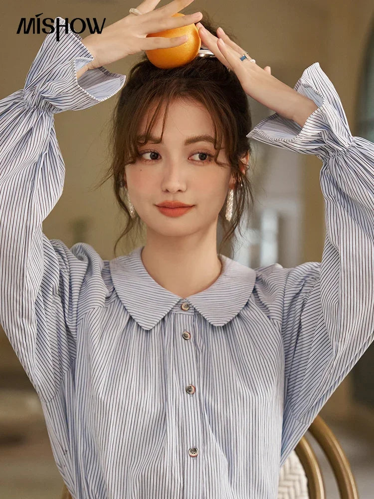 MISHOW Women's Blue Stripe Shirt 2024 Spring Fashion French Retro Bubble Sleeves Doll Neck Loose Tops Office Lady MXD12C0163