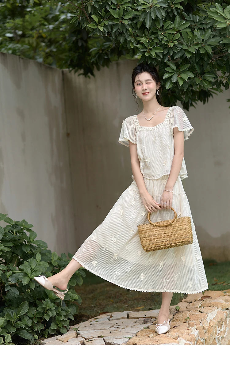 MISHOW Elegant Butterfly Flying Sleeve Blouses Elastic Waist Skirt Separately Summer Back Lace-up Top Midi Skirts MXD29X1559