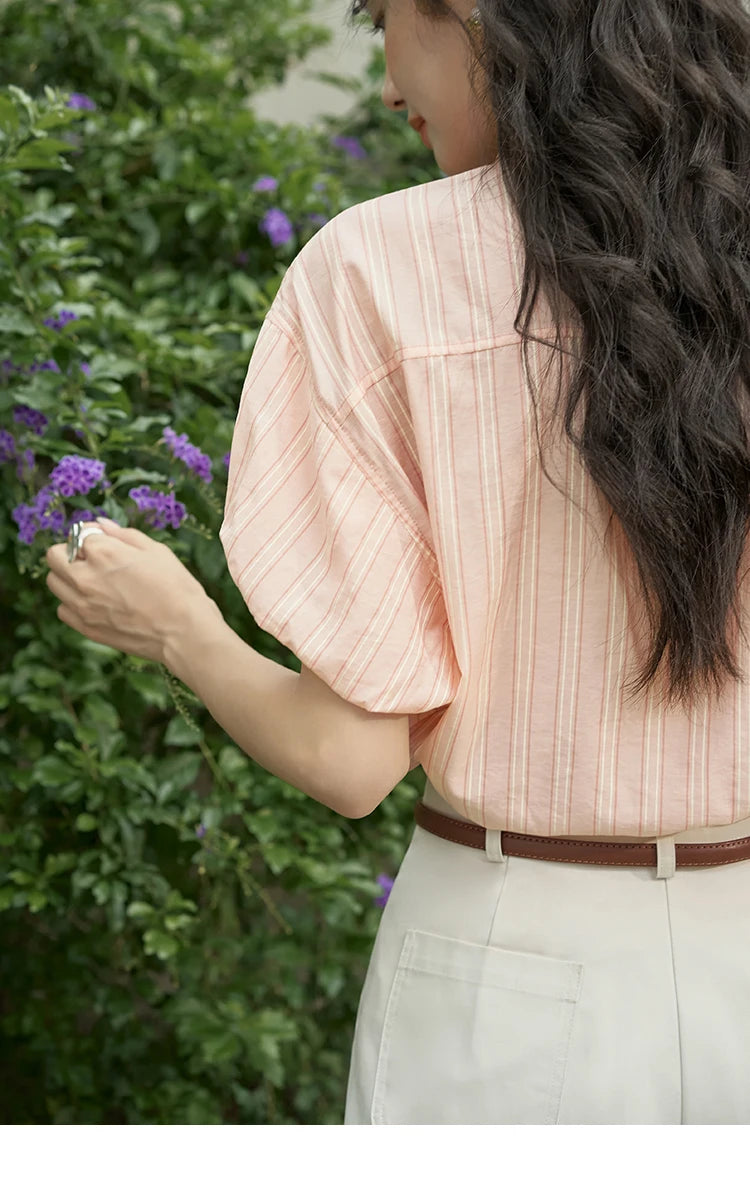 MISHOW Women's Hong Kong Retro Pink Striped Shirt 2024 Summer Short Sleeve Bubble Sleeve Single Breasted Lapel Top MXD28C0250