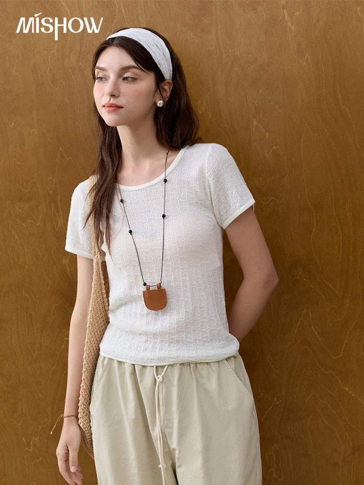 MISHOW Office Lady Women’s T-shirts Summer 2025 Short Sleeve Round Neck Solid Slimming Knitted Shirt Female Fashion MXE34Z1257