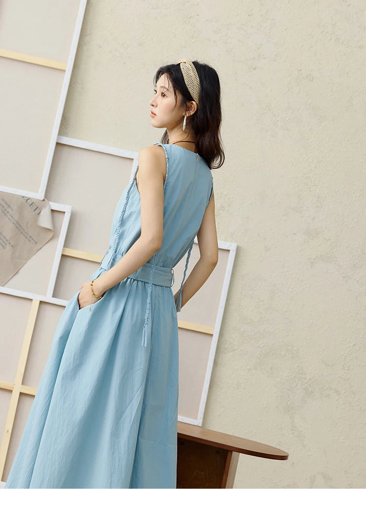 MISHOW Women's Vest Dress 2025 Summer Hand Woven Fried Dough Twists Waist Belt Slim Long Dress A-line Vacation Dress MXE34L2223