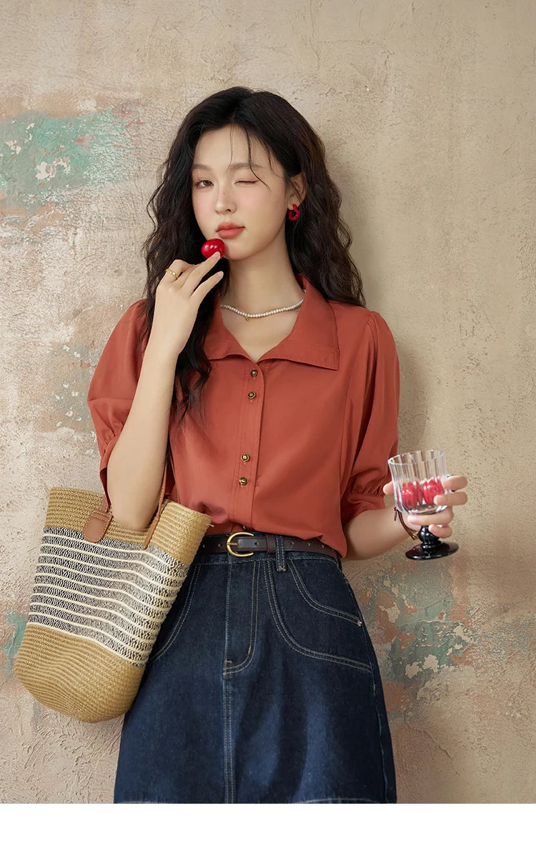 MISHOW Women's Short Sleeve Shirt Summer Thin Casual Simple Loose Elegant Blouses for Women 2024 Fashion Lapel Tops MXD28C0247