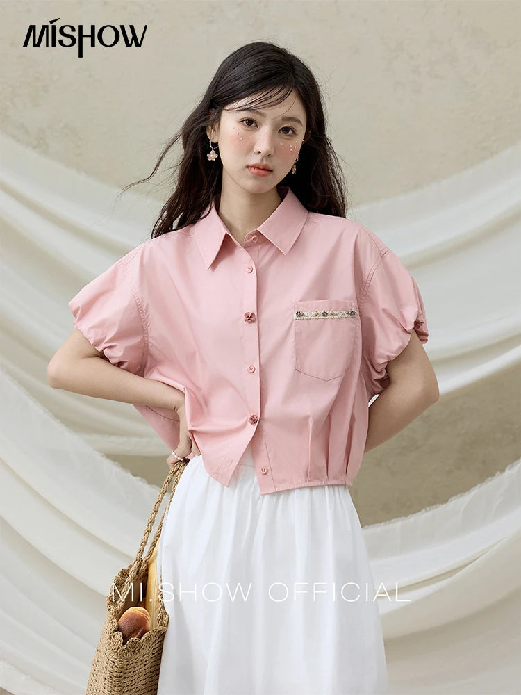 MISHOW Casual Summer Blouses Women 2025 New Short Puff Sleeve Turn Down Collar Shirt Female Fashion Shell Ribbon Tops MXE33C0773