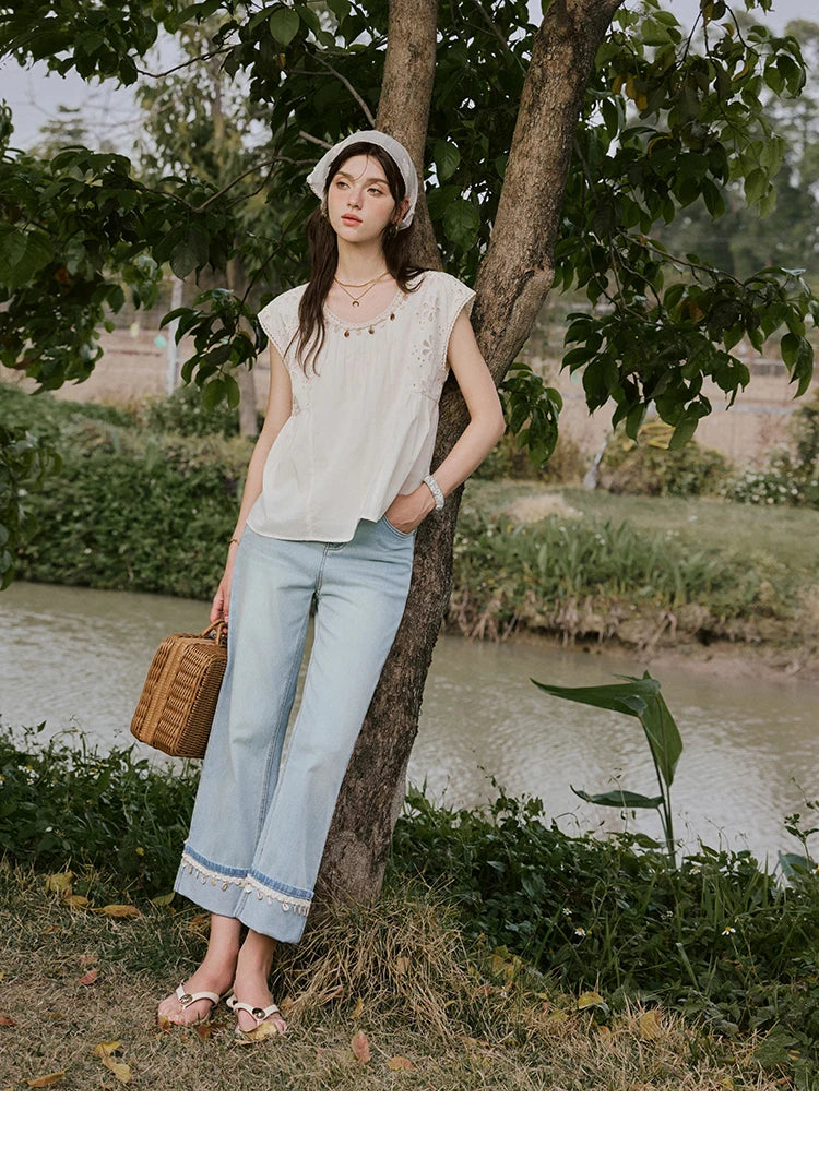 MISHOW French Summer Elegant Blouses Women 2025 Solid Short Flying Sleeve Round Neck Hollow Lace Shirts Woman Fashion MXE33X1778