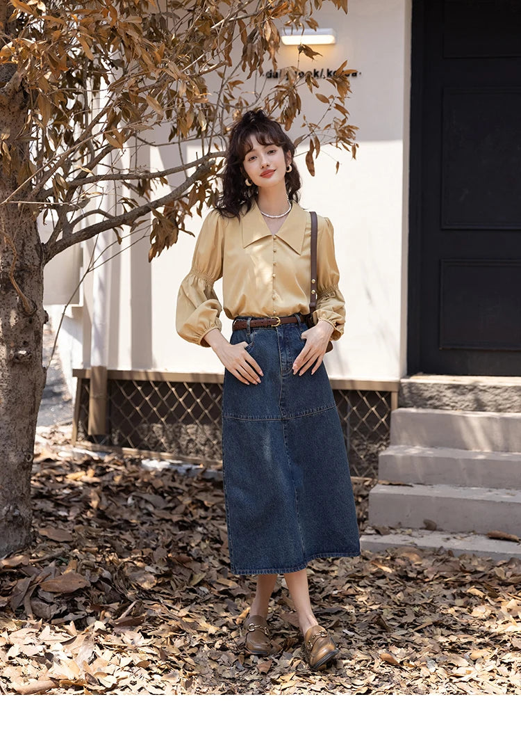 MISHOW Elegant Women's Blouse Autumn Vintage French Lantern Sleeves Turndown Collar Shirt Office Lady Female Clothing MXB32C0508