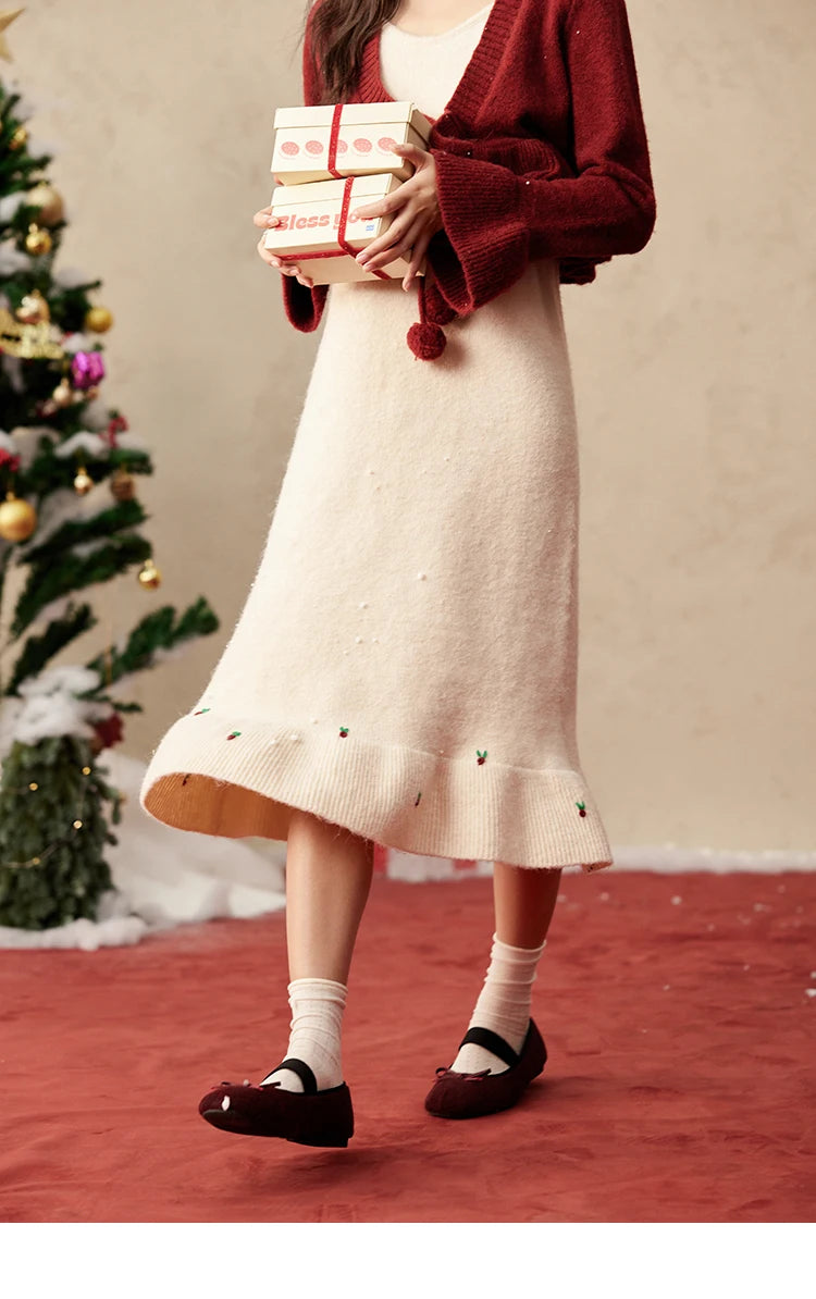 MISHOW Christmas New Year Ruffle Strap Dress Pom-Pom Lace-up Knitted Cardigan Sepertely 2024 Hem Fish Tail Dresses MXD59L2133