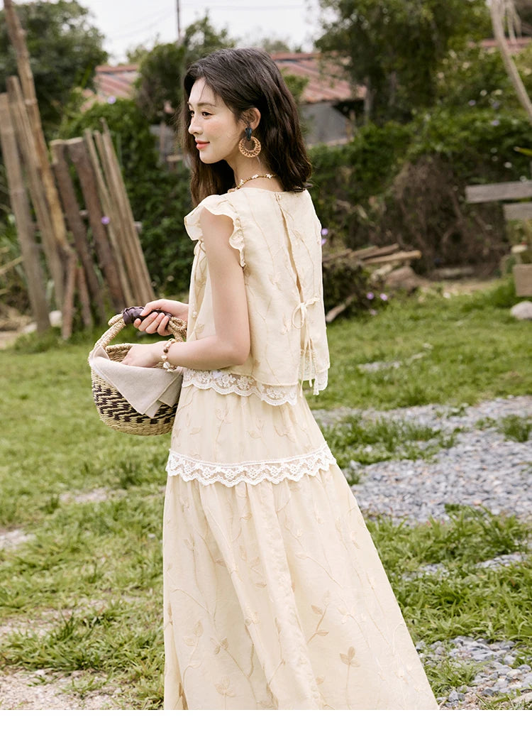 MISHOW Sweet Summer Skirt Sets Women New 2025 Short Flying Sleeve Round Neck Tops Hollow Embroidery A-line Skirt Lady MXE33T0545