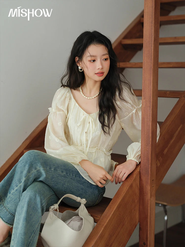 MISHOW Women's Fashion Cashew Flower Embroidered Blouse 2025 Autumn V-neck Lace Up Puff Sleeve Ladies Elegant Top MXE41X1945