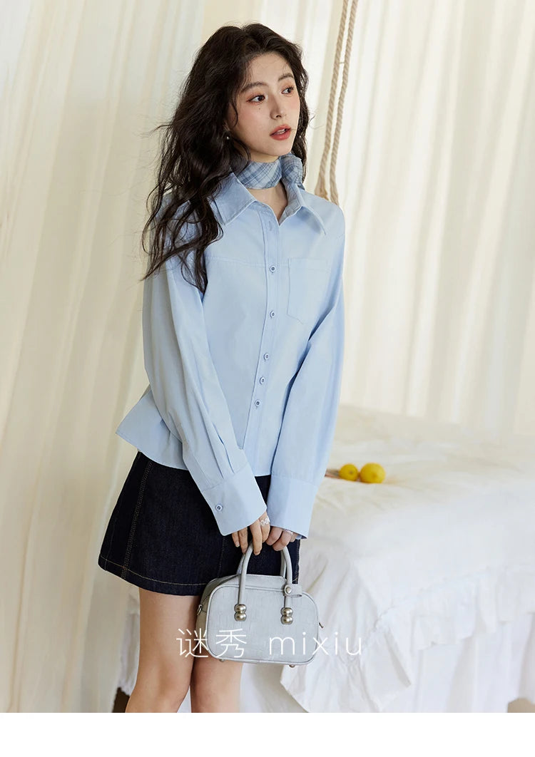 MISHOW Women's French Blue Shirt Long Sleeve 2025 Spring Polo Collar Waist Pocket Versatile Shirt Single Breasted Top MXE14C0753