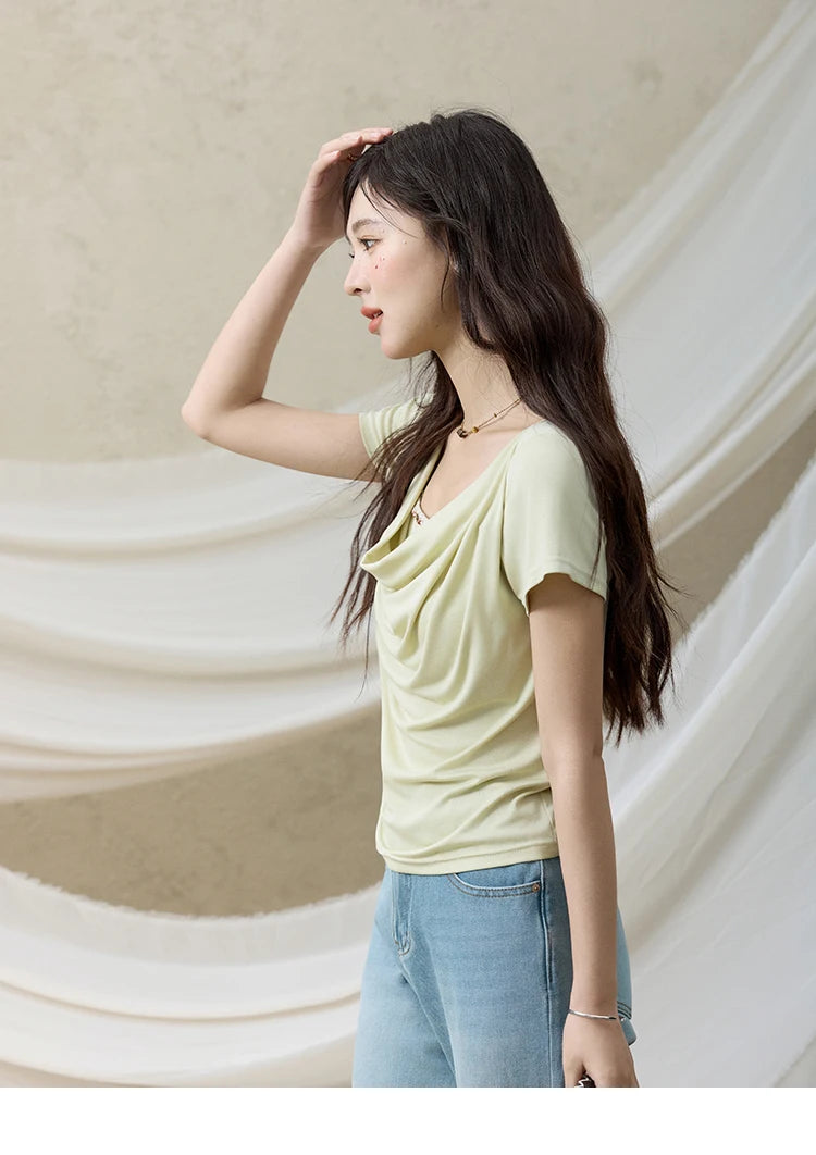 MISHOW Casual Summer Shirts Women 2025 Fashion Short Sleeve Swing Collar Solid T-shirt Female Slim Shell Ribbon Tops MXE33T0524