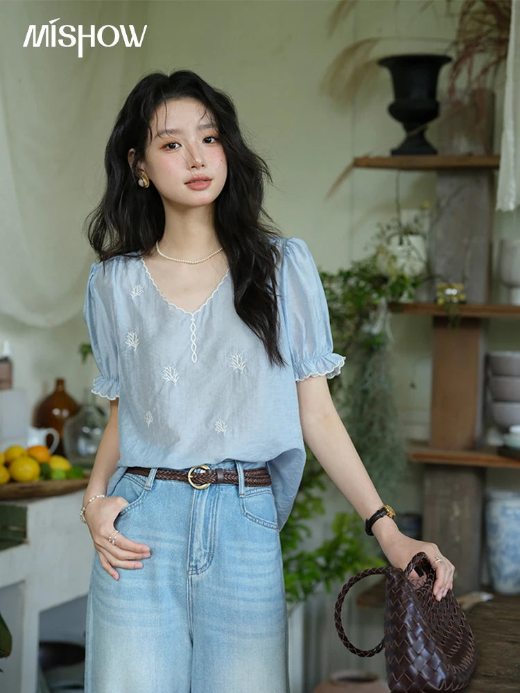 MISHOW Women's Coral Embroidery Summer Blouse 2025 New Fashion V-neck Puff Sleeve Blouse Casual Women's Clothing ﻿MXE37X1850