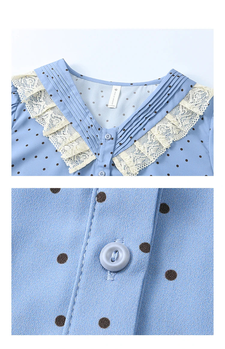 MISHOW Lace Patchwork Polka Dot Shirt for Women Spring 2025 French V-neck Shirt Cuff Splic with Hollowed Out Lace Top MXE12X1707