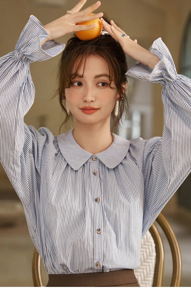 MISHOW Women's Blue Stripe Shirt 2024 Spring Fashion French Retro Bubble Sleeves Doll Neck Loose Tops Office Lady MXD12C0163