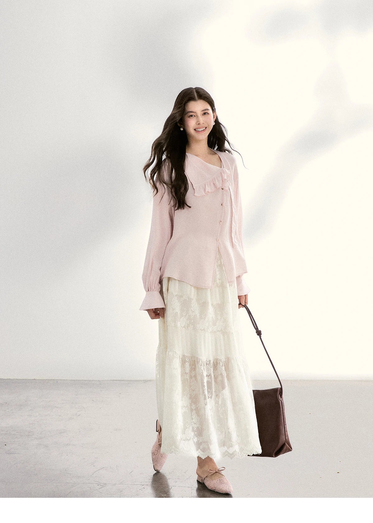 MISHOW Women's Pink Elegant Blouse 2026 Spring Asymmetrical Ruffled Collar Button Shirts Puff Sleeve Casual Loose Top MXF11X2520