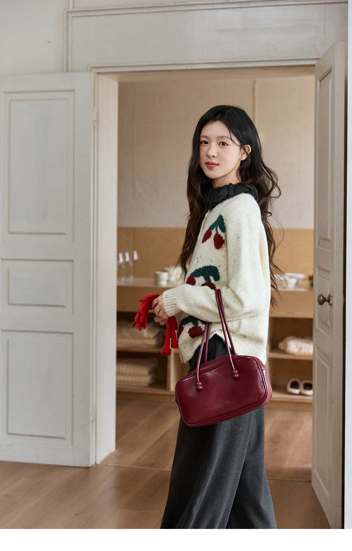 MISHOW Women's Cherry Jacquard Flecked Cardigan 2025 Autumn Winter Korean Drop Shoulder Tops Loose Crew Neck Knitwear MXE91Z2837