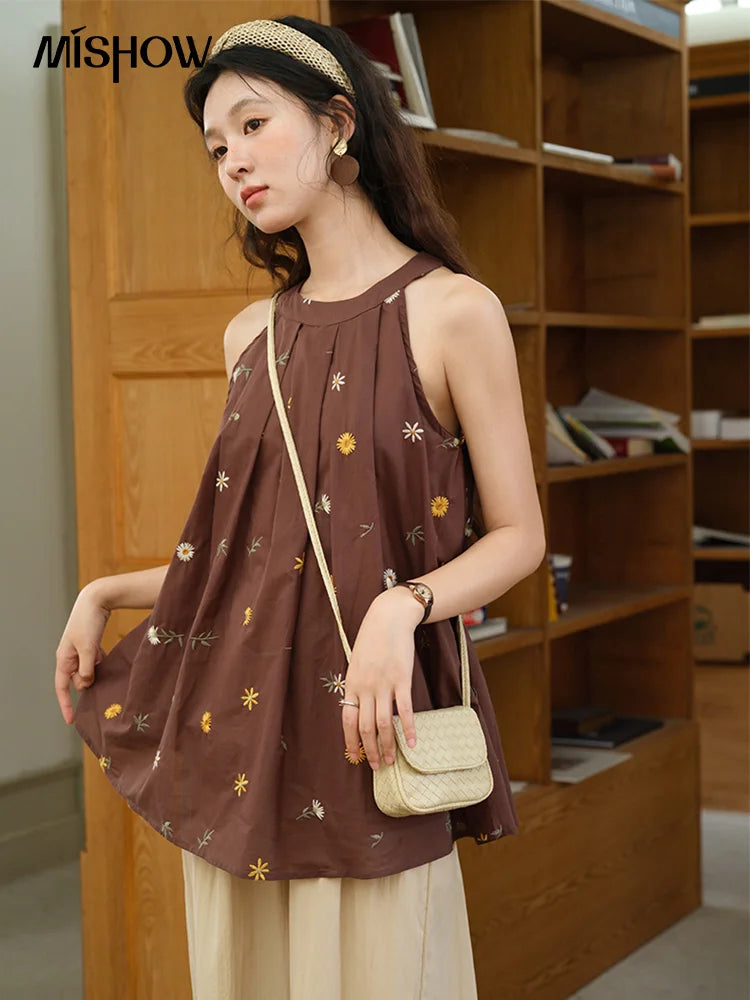 MISHOW Women's Two Piece Set 2025 Summer New Embroidery Hanging Neck Sleeveless Top Retro Khaki Wide Leg Pants Set MXE39T0713