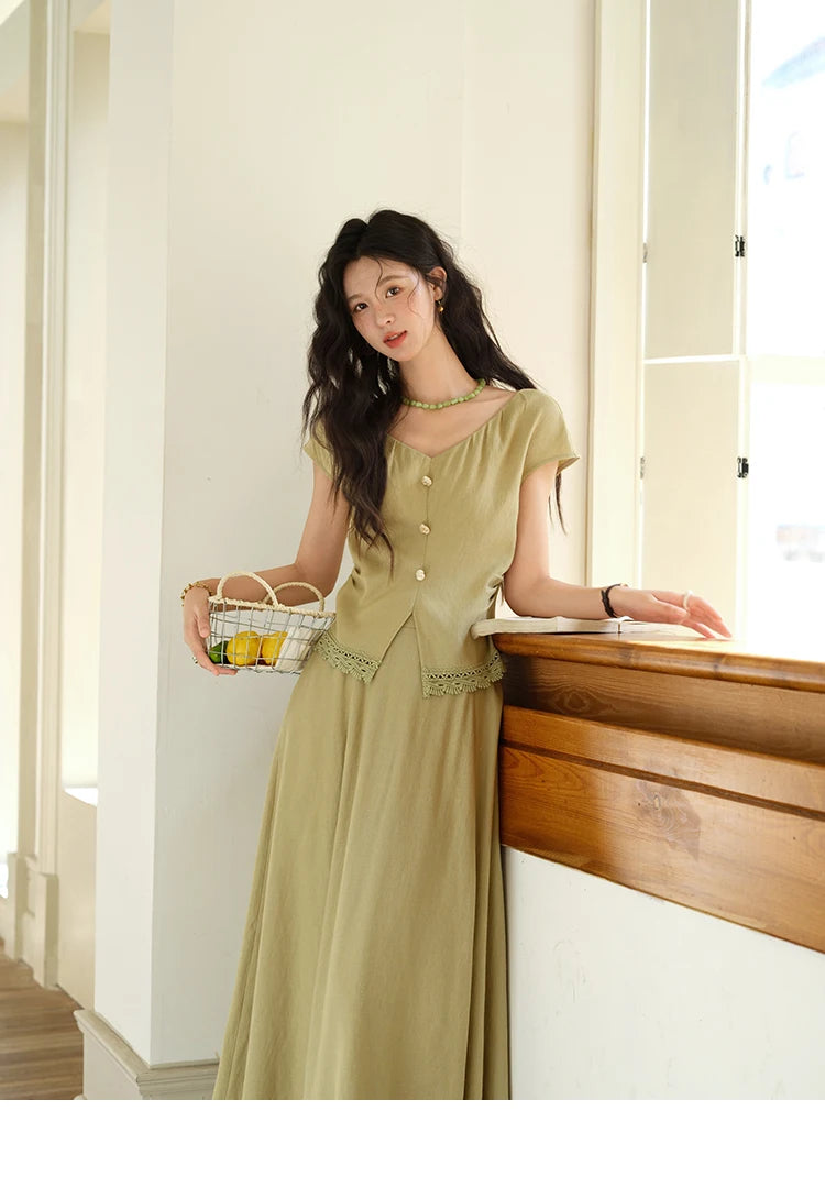 MISHOW Two-Piece Ladies Set 2025 Summer New Fashion V-neck Button Lace Hollow Out Spliced Top Pocket A-line Skirt Set MXE39T0665