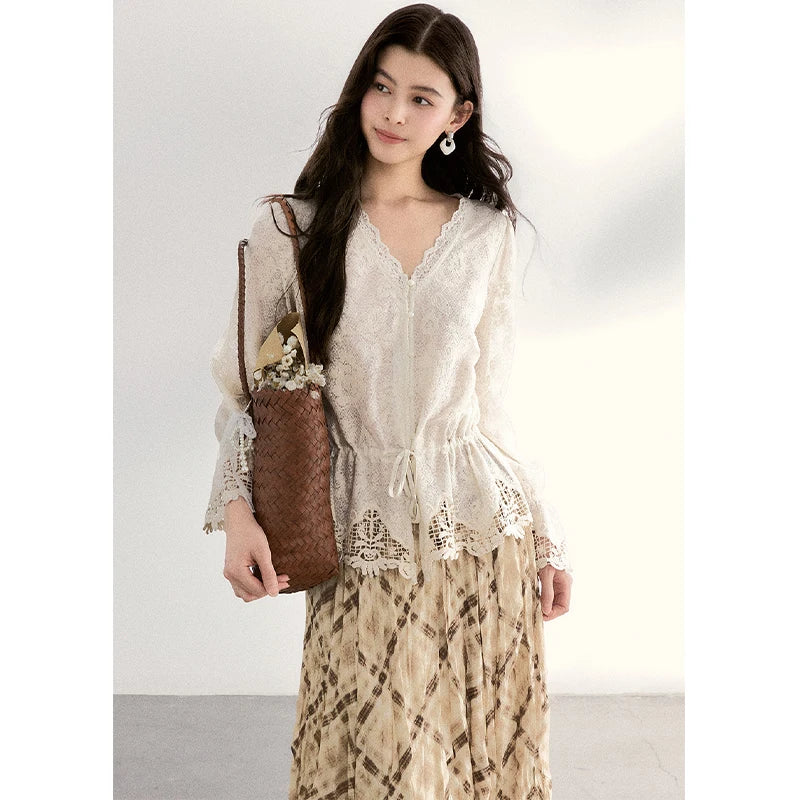 MISHOW Women's Lace V Neck Long Sleeve Shirts 2026 Spring Drawstring Waist Ruffled Hem Casual Loose Apricot Blouse MXF108X0998