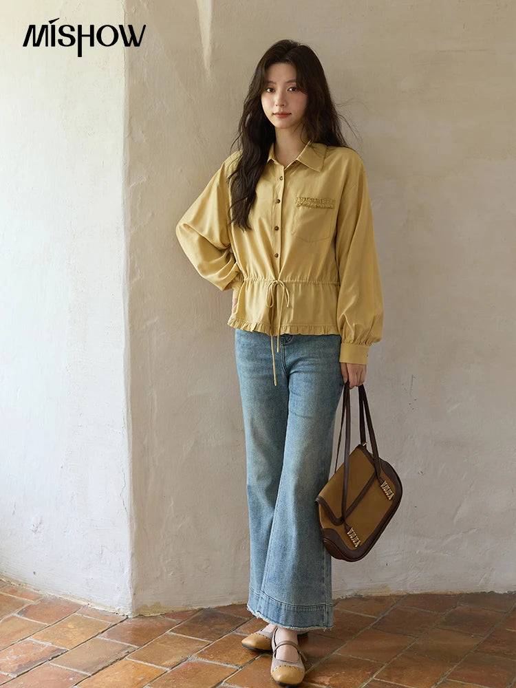 MISHOW Autumn French Drawstring Waist Shirt 2025 Yellow Hem Lotus Leaf Top Female Lapel Lantern Sleeve Commuter Shirt MXE42C2368