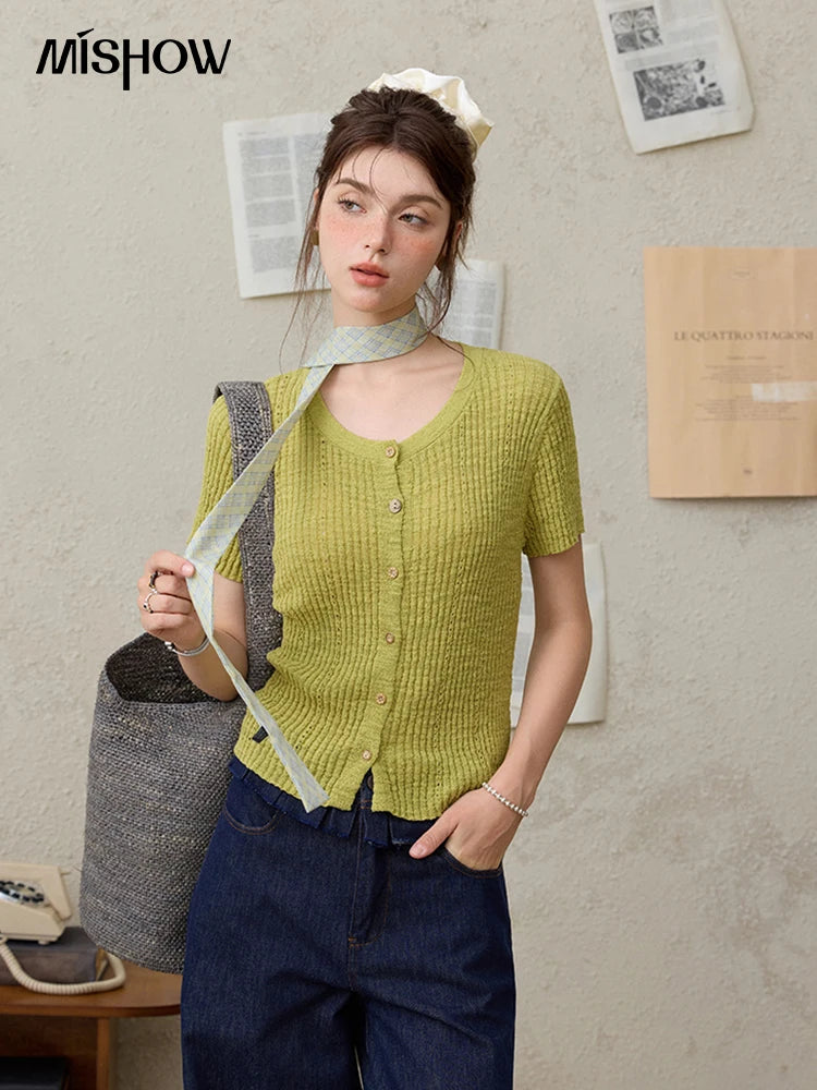 MISHOW Summer Knitted T-Shirts 2025 New Solid Short Sleeve Round Neck Thin Tops Female Fashion Versatile Office Lady MXE31Z1229