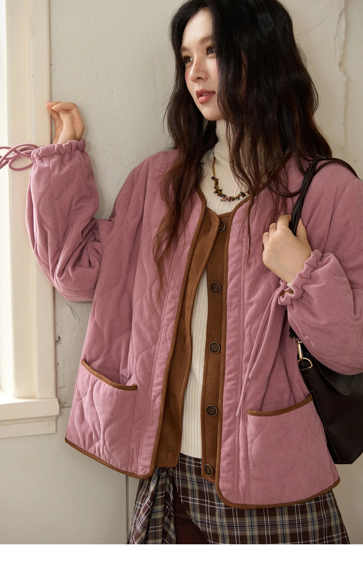 MISHOW Pink Purple Corduroy Jacket Women 2025 Winter Retro Gourd Pattern Pleated Cotton Splicing Suede Jacket Top MXE88W0882