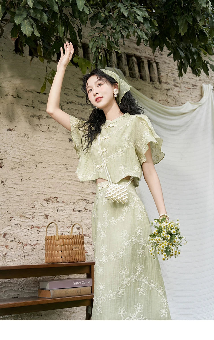 MISHOW Chinese Green Stand Collar Lotus Leaf Overlapping Sleeve Top Hem Stringy Selvedge Skirt Separately 2024 Summer MXD22X1388