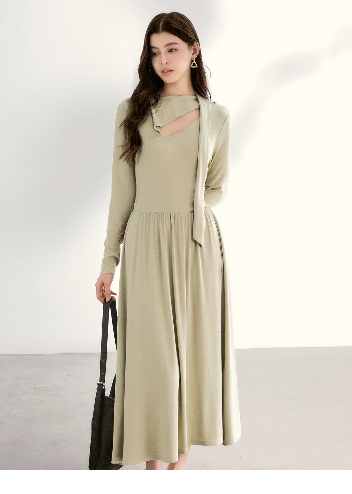 MISHOW Women's Light Green Midi Dress 2026 Spring Cutout Neck Hollow Out Ribbon Dresses Elegant Long Sleeve Dress MXF13L2556