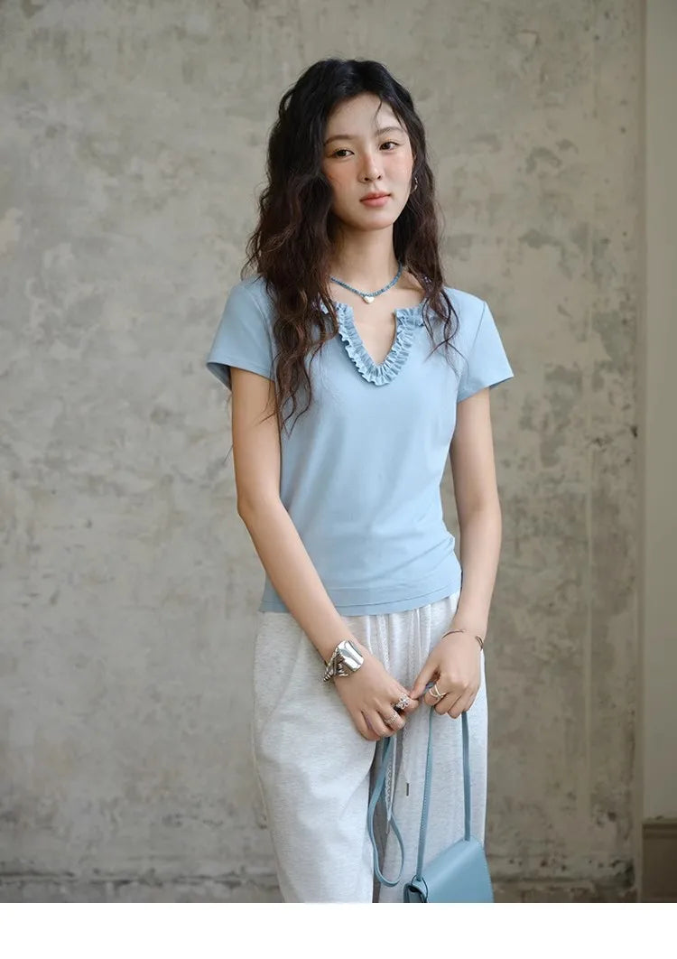 Mishow Lace V-Neck Short Sleeve Tee MXE35T0562