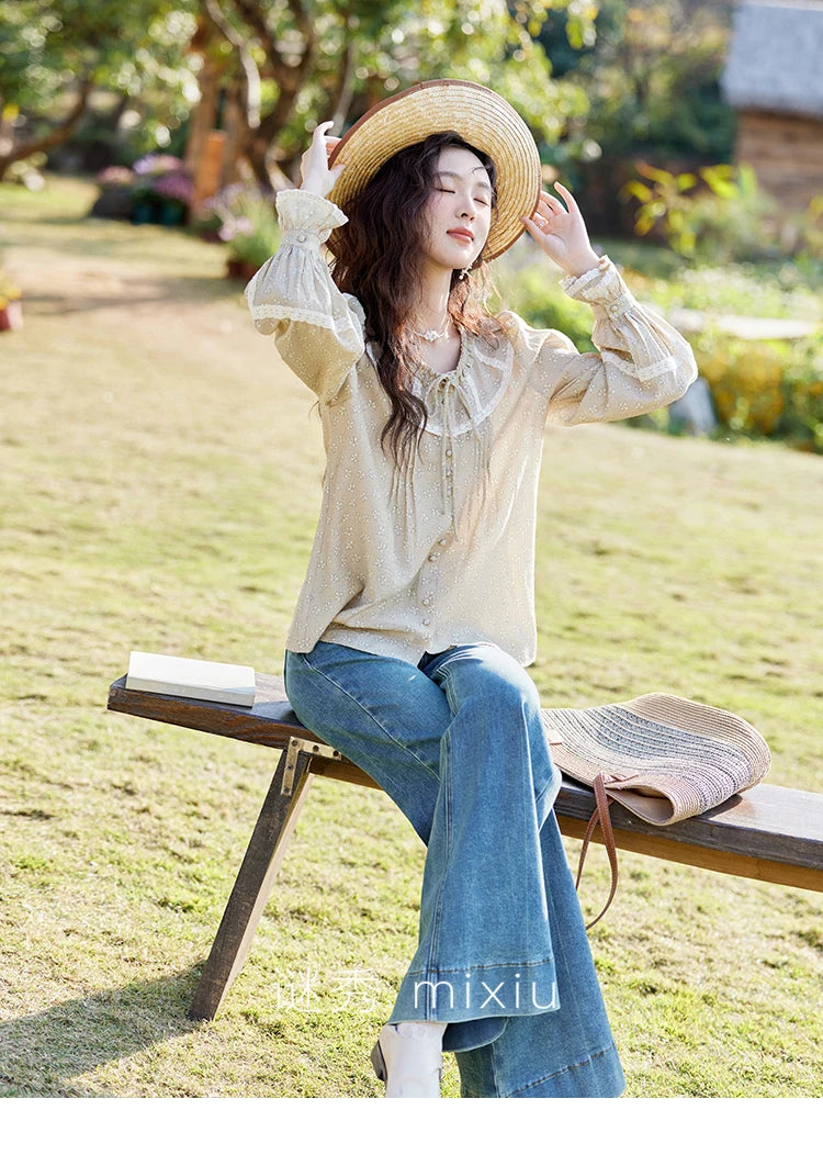 MISHOW Women's Floral Round Neck Shirts 2025 Spring Ruffled Collar Commuting Top Sweet Petal Sleeve Lace-up Shirts MXE14X1729