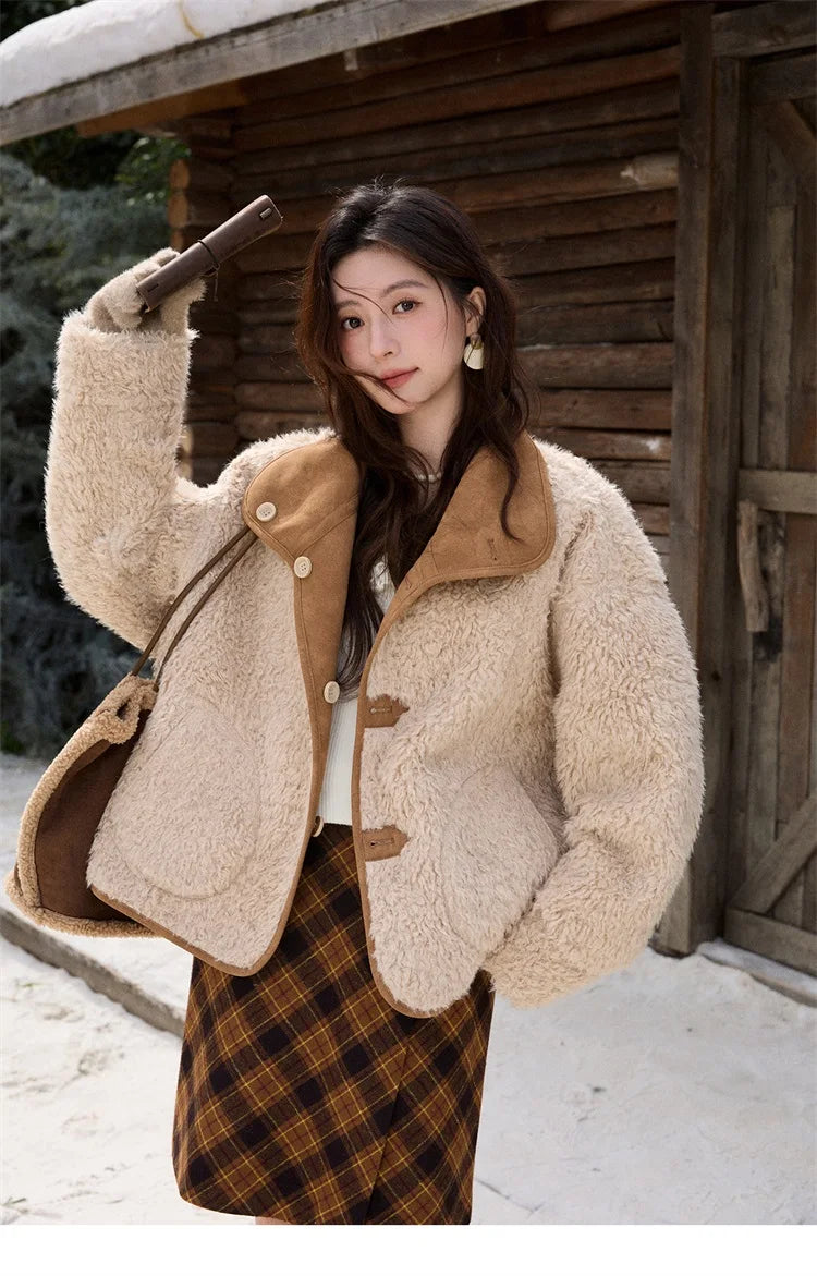 MISHOW Women's Double Sided Wearing Jacket 2025 Winter Lamb Wool Lapel Coat Warm Windproof Commuter Coat with Pockets MXE91W1015