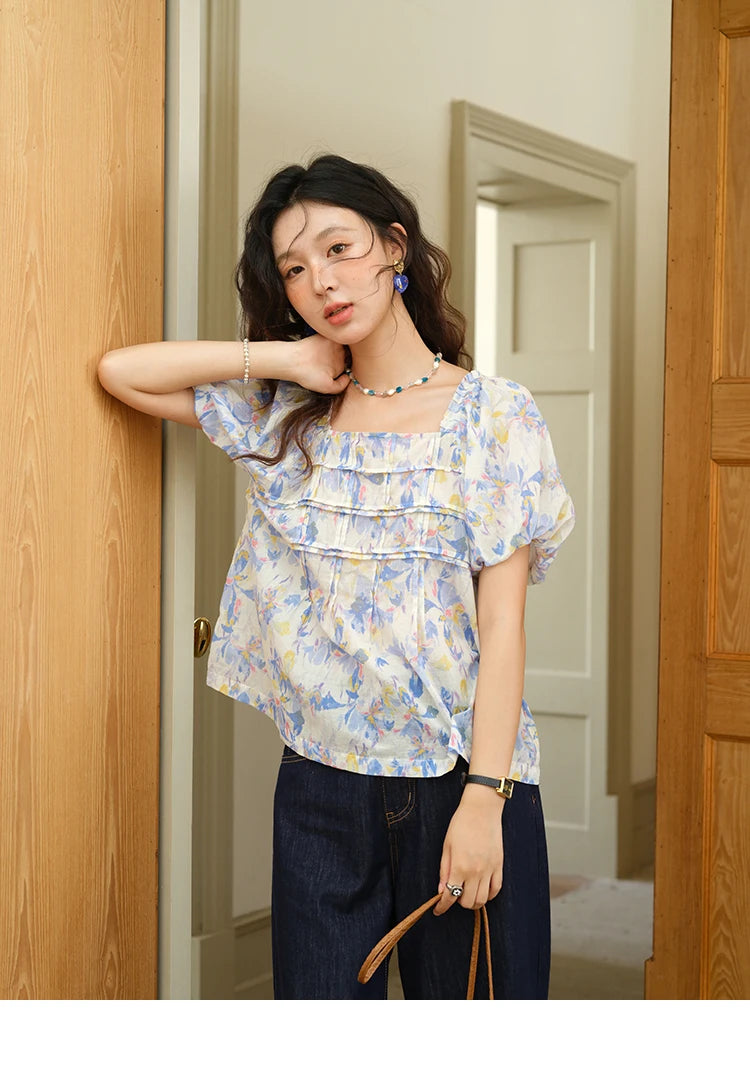 MISHOW Fashion Square Neck Puff Sleeve Blouse for Women 2025 Summer New French Sweet Loose Print Top Ladies Clothing MXE39X1937
