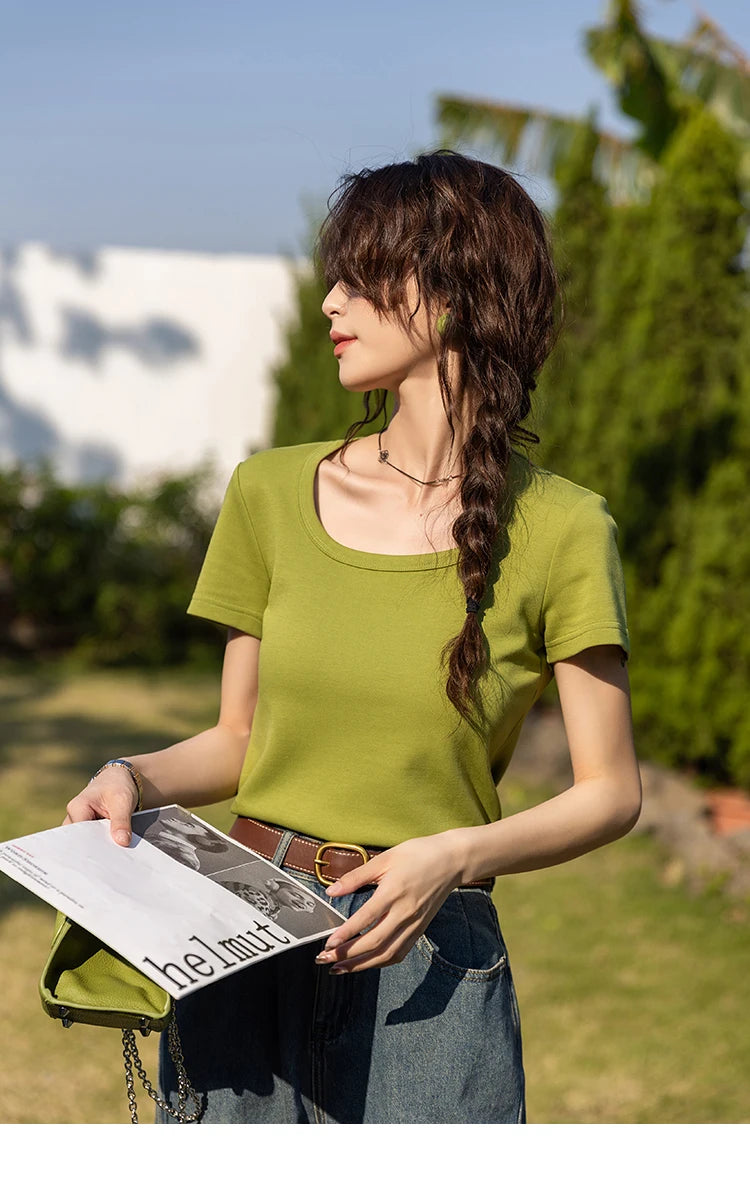 MISHOW Short Sleeve T-shirts Women Spring Solid Square-neck Top Elegant Woman Clothes Office Lady Cotton Tees MXC12T0641